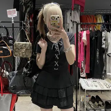 레이스업 디자인 리본 피치 T 헤이세이 y2k 블랙 아르마니 ARMANI