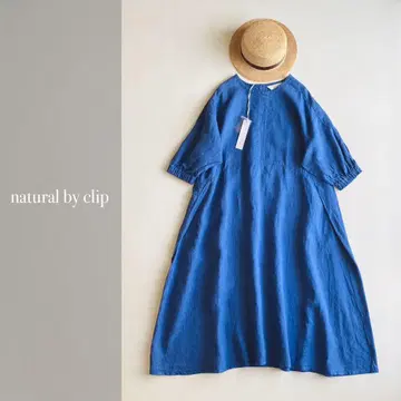 natural by clip 린넨 100% 퍼프 슬리브 원피스 블루
