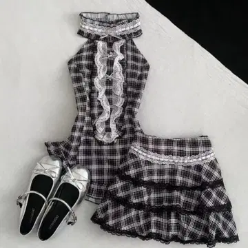 체크 무늬 프릴 셋업