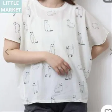 LITTLE MARKET 리틀 마켓 고양이 자수 프렌치 슬리브 셔츠