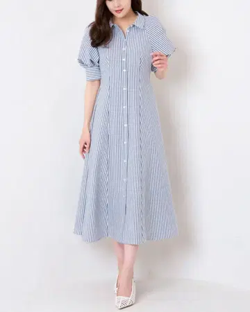 볼륨 소매 스트라이프 드레스