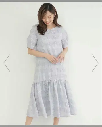 스카이블루 체크 반팔 롱 원피스