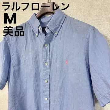새상품급 랄프 로렌 린넨 100% 린넨 셔츠 반팔 버튼 다운 M 남성용