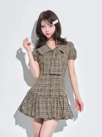 Darich 빅 리본 벌룬 체크 미니 원피스