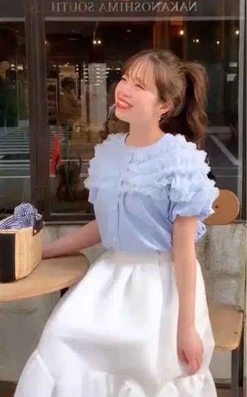 핏모어 fitmore 튤 레이스 프릴 블라우스 한정판 블루 미사용