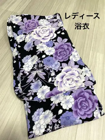 여성용 유카타 단품 장미 벚꽃 보라색 연보라 화이트 블랙 반짝이