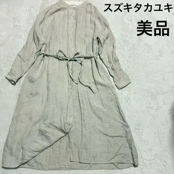 새상품급 스즈키 타카유키 오픈 셔츠 원피스 린넨 100% 베이지 S