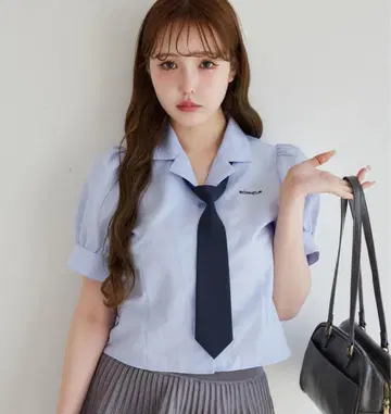 NICE CLAUP 넥타이 오픈 카라 블라우스 블루