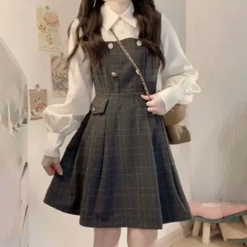 체크 무늬 페이크 투피스 원피스 다크 그레이