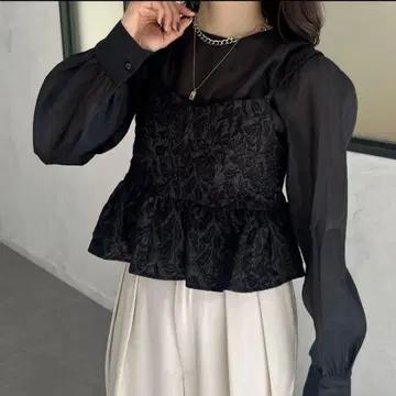 Thevon 시어 셔츠 자카드 뷔스티에 쉬폰 블라우스 시어 블라우스