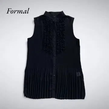 E3-013 Formal 가슴 프릴 플리츠 시어 블라우스 LL 블랙