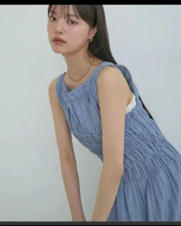 VIS 셔링 롱 드레스 색스 블루 스카이블루 깅엄 체크