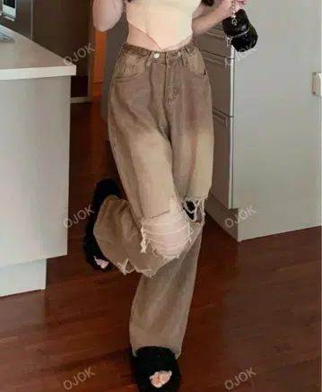 데미지 가공 브라운 와이드 레그 데님