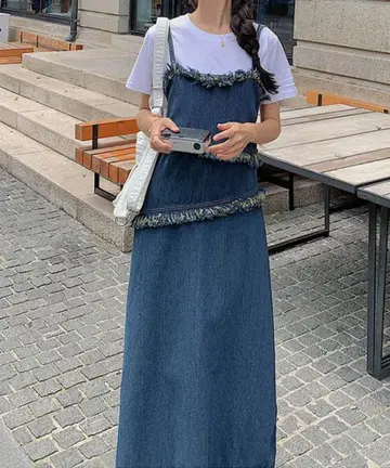데님 프린지 슬리브리스 롱 원피스