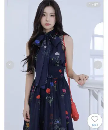 백 리본 쉬폰 원피스 네이비