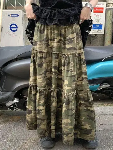 카키 카모플라쥬 카모 패턴 롱 스커트
