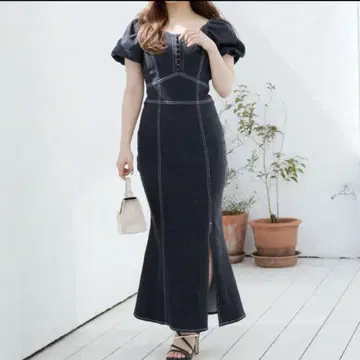 립 서비스 프론트 후크 데님 머메이드 원피스 블랙