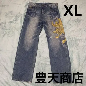 토요텐 상점 호오오 용 자수 일본풍 패턴 데님 팬츠 아메카지 스카잔 XL