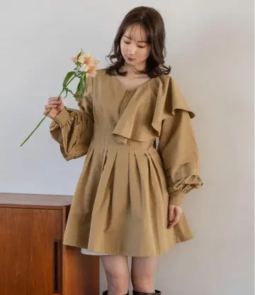 mideal 볼륨 슬리브 프릴 튜닉 원피스 브라운 프리