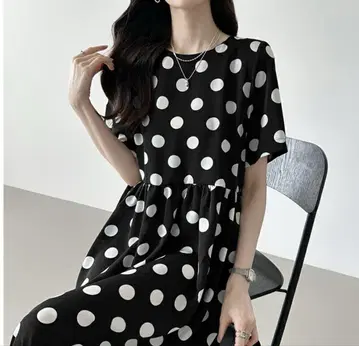 COCOMOMO 도트 무늬 반팔 롱 원피스 블랙