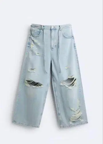 ZARA 데미지 슈퍼 배기 데님 38 L 상당 아이스 블루 크러쉬