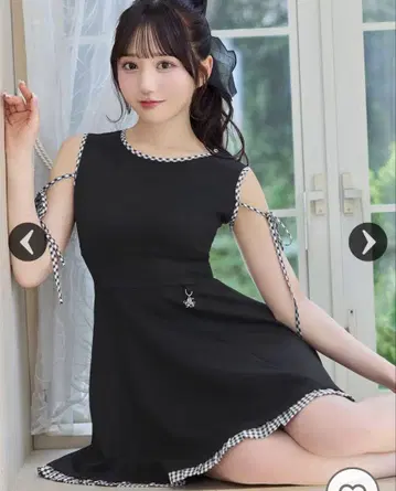 깅엄 라인 리본 플레어 원피스