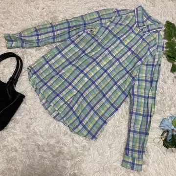 새상품급 슬로브 이에나 긴팔 셔츠 그린 계열 린넨 100% 체크 S 상당