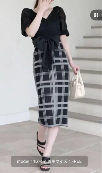 퍼프 슬리브 체크 무늬 롱 원피스