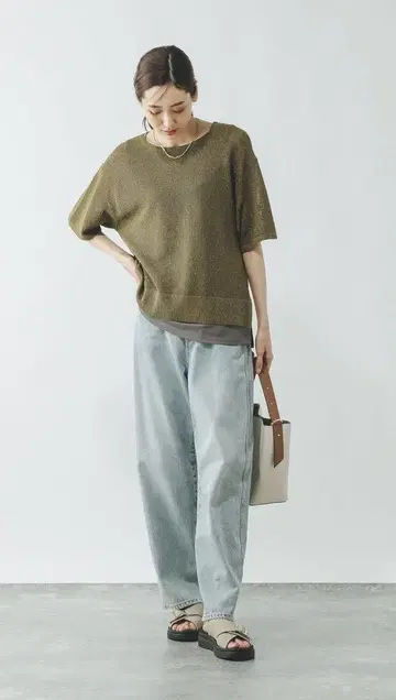 GLOBAL WORK 세탁 가능한 메쉬 라메 풀오버 탱크 올리브