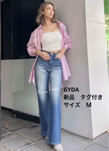 택 포함 새상품 GYDA 하이웨스트 KNEE 데미지 와이드 데님 팬츠