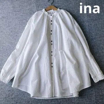 ina 최근 모델 코튼 린넨 밴드 카라 거터 블라우스 넉넉한