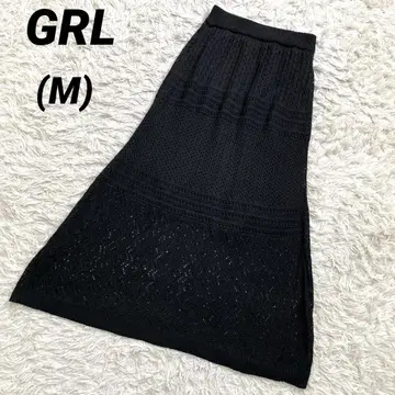 GRL 그레일 니트 롱 스커트 전체 레이스 투명 니트 컷워크 블랙 M
