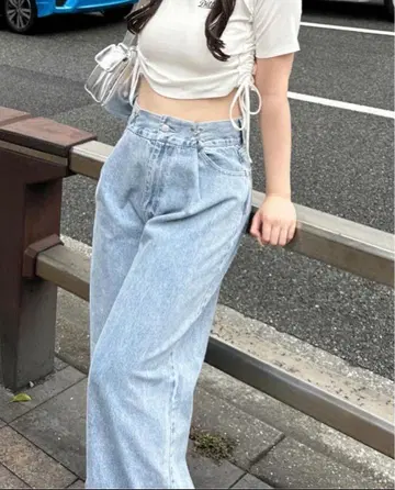 chico 치코 하트 프린트 박스 와이드 데님 팬츠