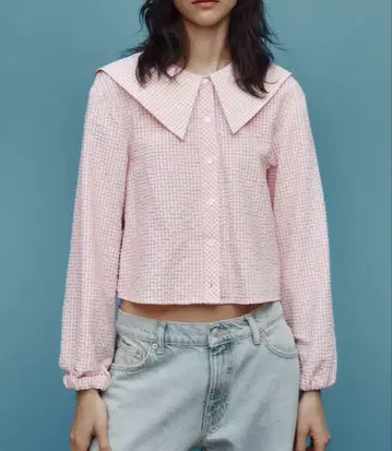 자라 깅엄 체크 무늬 피터팬 칼라 셔츠 자라