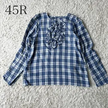 45R 45rpm 인도 쪽염색 체크 프릴 블라우스 셔츠 긴팔 얇은 소재
