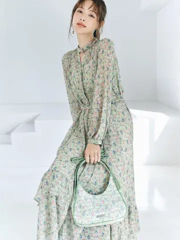 정원 프린트 보타이 원피스 릴리 브라운