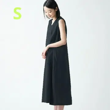 새상품 무인양품 프렌치 린넨 워시드 슬리브리스 원피스 블랙 S