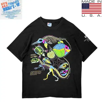 90s USA제 HANES BEEFY 공룡 화석 뼈 티셔츠 블랙 XL