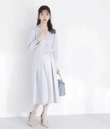 proportion 프론트 버튼 턱 플레어 원피스 그레이