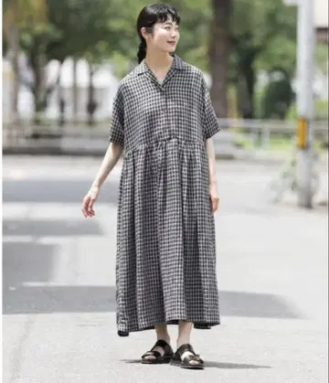 카구레 kagure 오픈 카라 개더 원피스 체크
