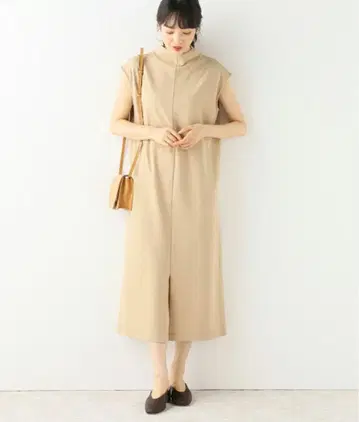 노블 슬리브리스 원피스 프론트 지퍼 슬릿 롱