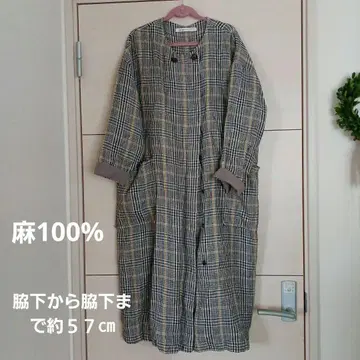 아두트리스테스 린넨 100% 체크 무늬 롱 자켓