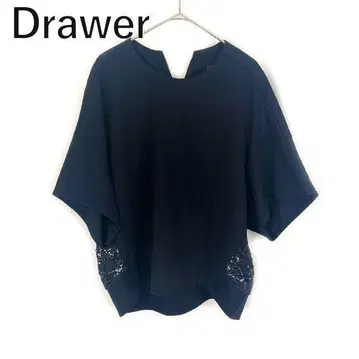 드로어 Drawer 레이스 컷 티셔츠 백 레이스 숏 슬리브 네이비