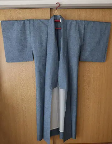 얇은 명주 단옷 파란색과 회색 줄무늬 순수 실크 기모노 미사용품