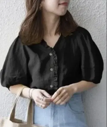 SHIPSany 린넨 치비 프릴 퍼프 셔츠 블라우스