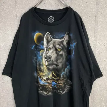 애니멀 울프 늑대 빅 프린트 블랙 티셔츠 3XL