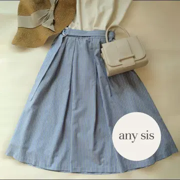 anySIS 에니시스 플레어 스커트 블루 스트라이프 리본 벨트 포함