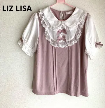 리즈리사 리본 비쥬 컷 탑 반팔 LIZLISA 핑크