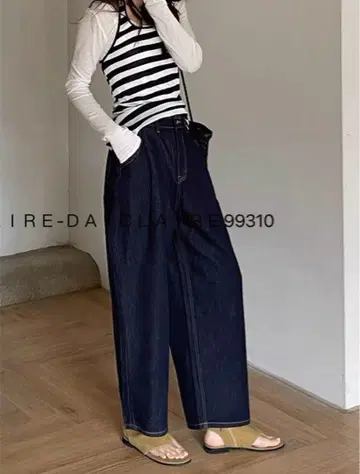 여성용 다크 블루 와이드 레그 데님 하이 웨스트 XL