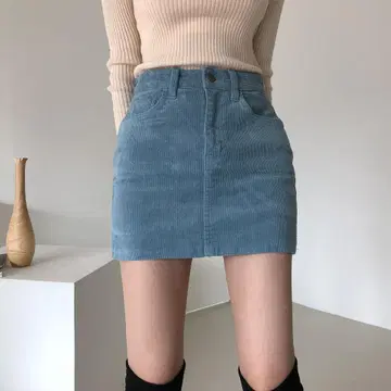 코듀로이 미니 스커트, 블루, 슬릿 및 팬츠, 허리 약 66cm
